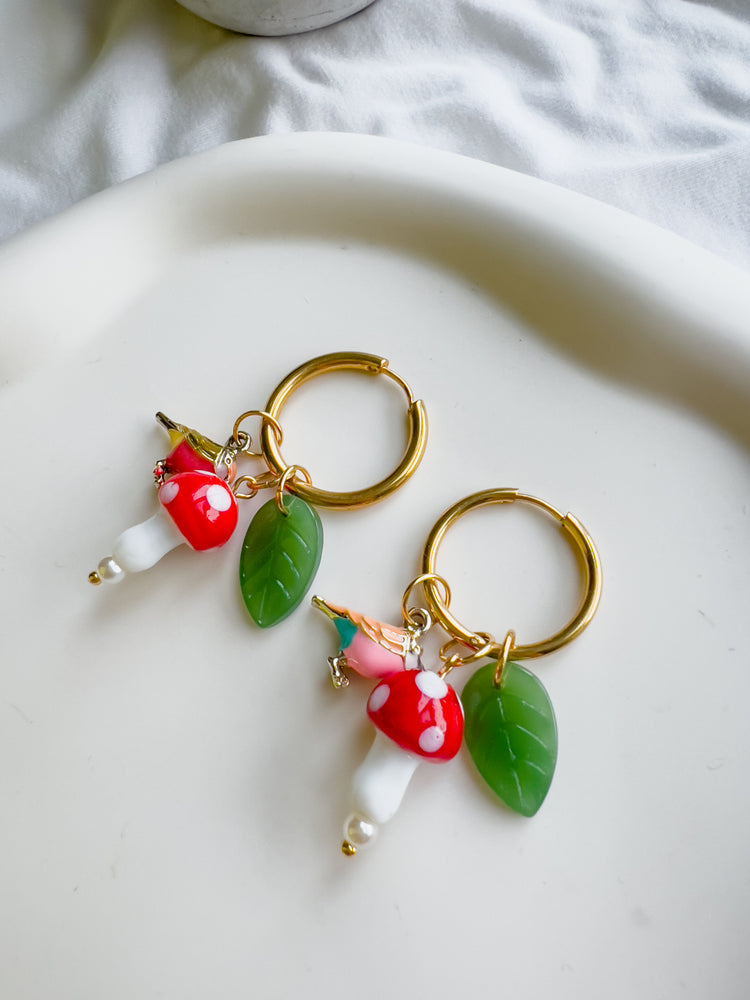 Birds and Mushrooms Earrings | Glass Bead Earrings