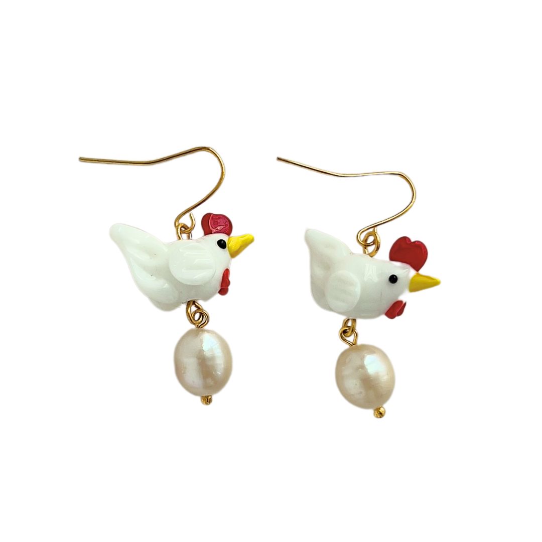 White Chicken Earrings with Freshwater Pearl | Glass Bead Earrings