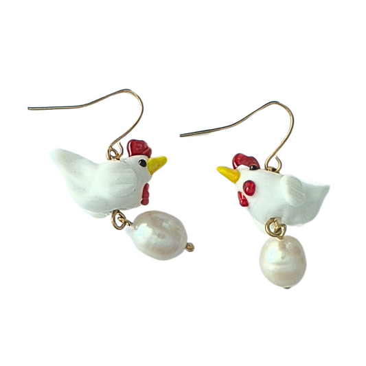 White Chicken Earrings with Freshwater Pearl | Glass Bead Earrings