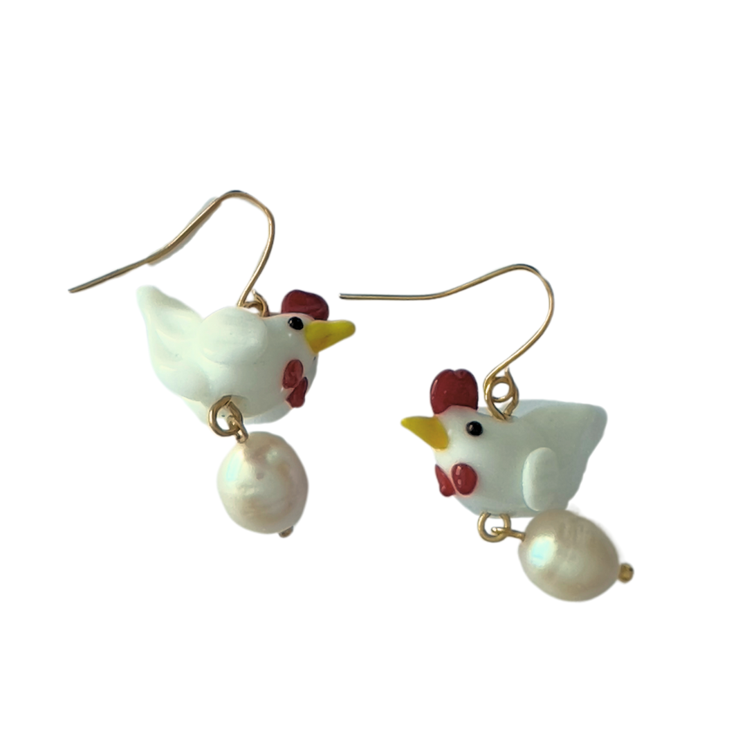 White Chicken Earrings with Freshwater Pearl | Glass Bead Earrings