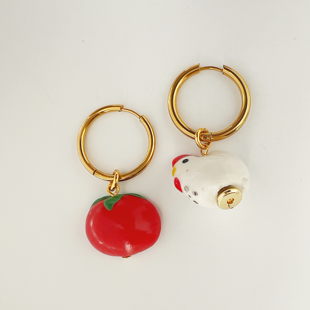 Chicken and Cherry Tomato Earrings | Polymer Clay Earrings