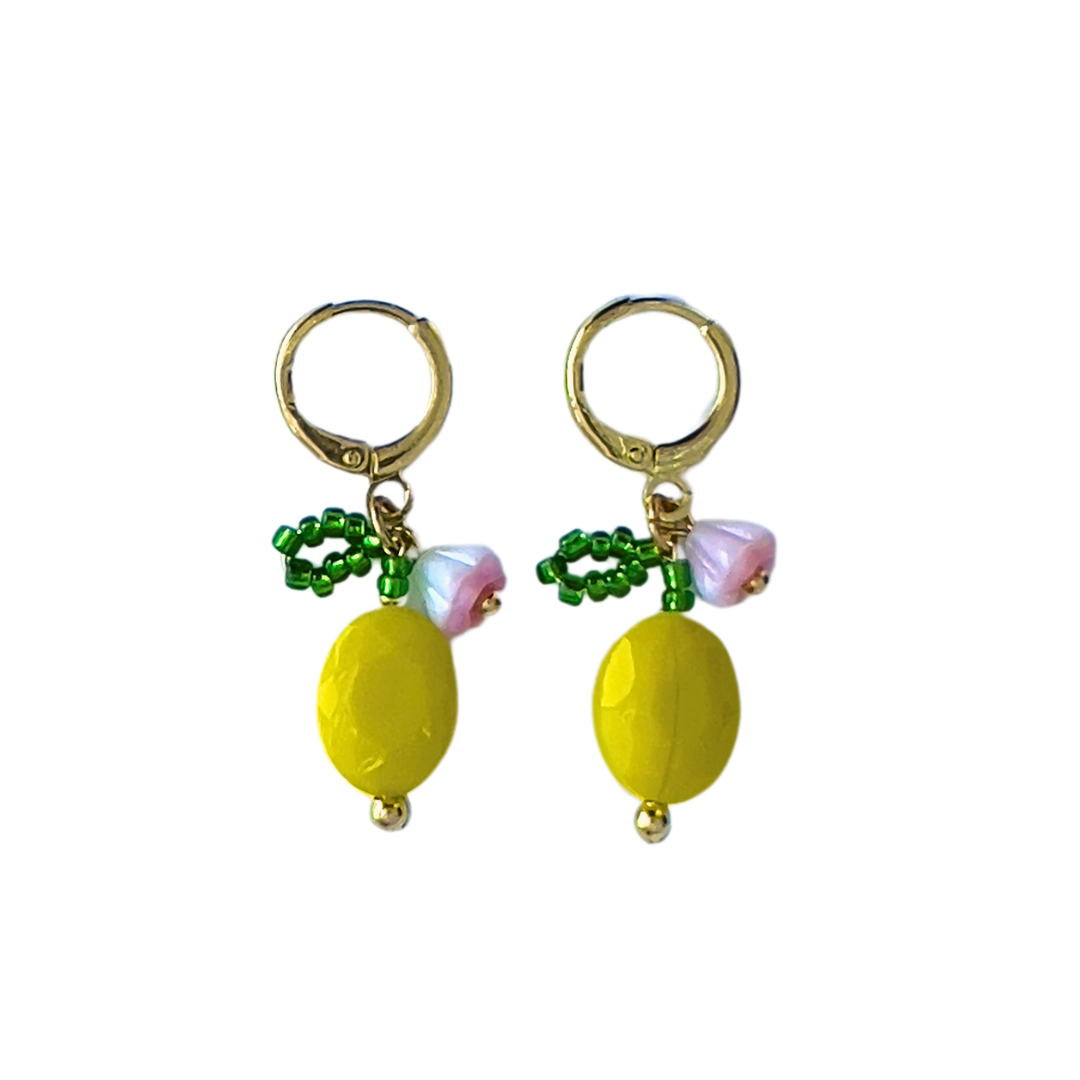 Lemon with Pink Flower Earrings | Beaded Earrings