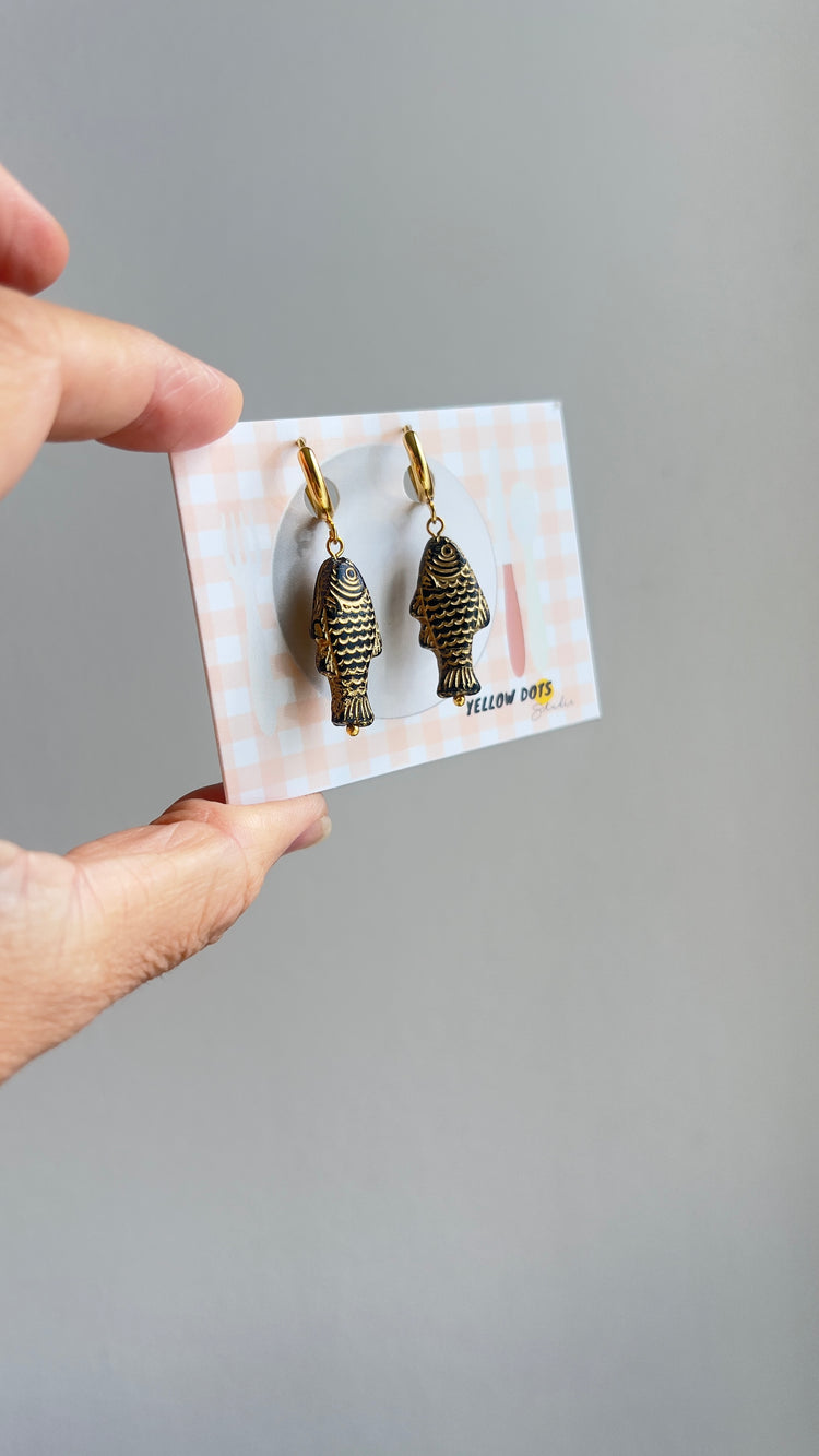 Black and Gold Sardine Earrings | Glass Bead Earrings