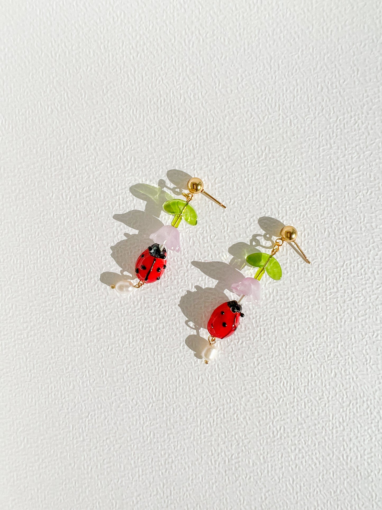 Ladybug and Freshwater Pearl Dangle Earrings | Beaded Earrings