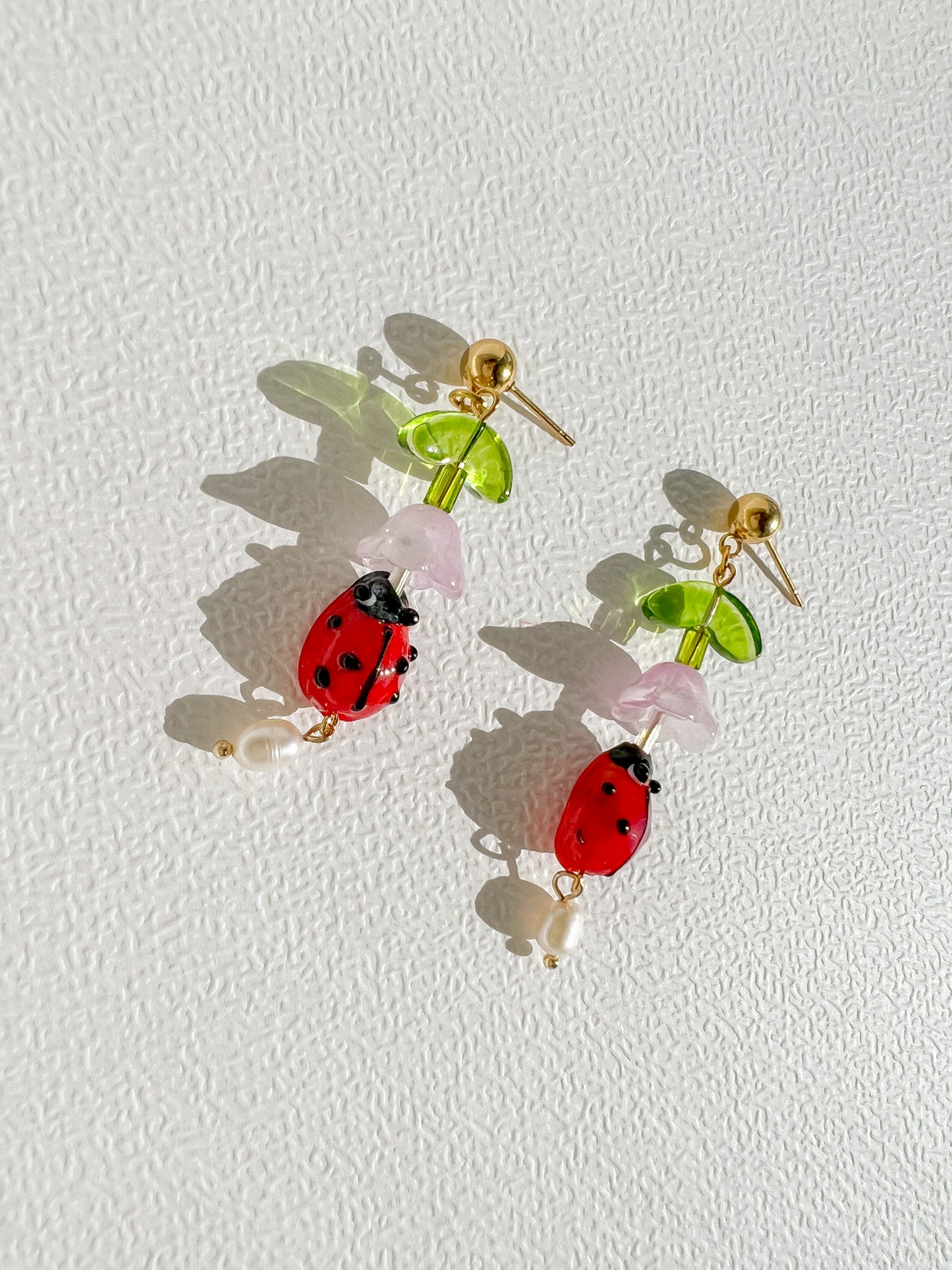 Ladybug and Freshwater Pearl Dangle Earrings | Beaded Earrings