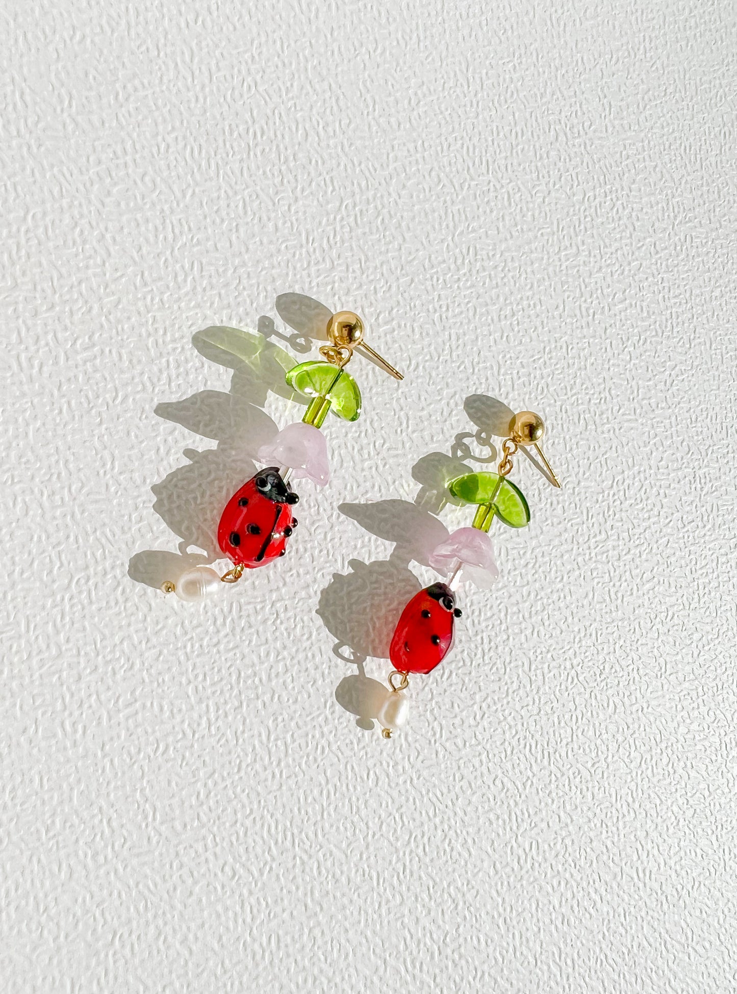 Ladybug and Freshwater Pearl Dangle Earrings | Beaded Earrings