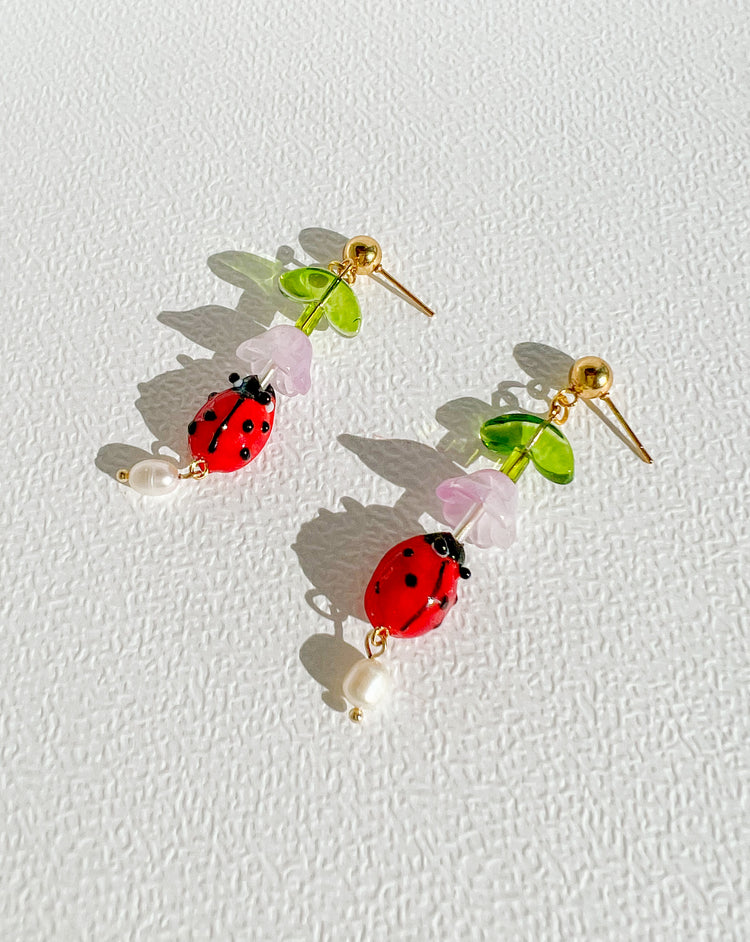 Ladybug and Freshwater Pearl Dangle Earrings | Beaded Earrings