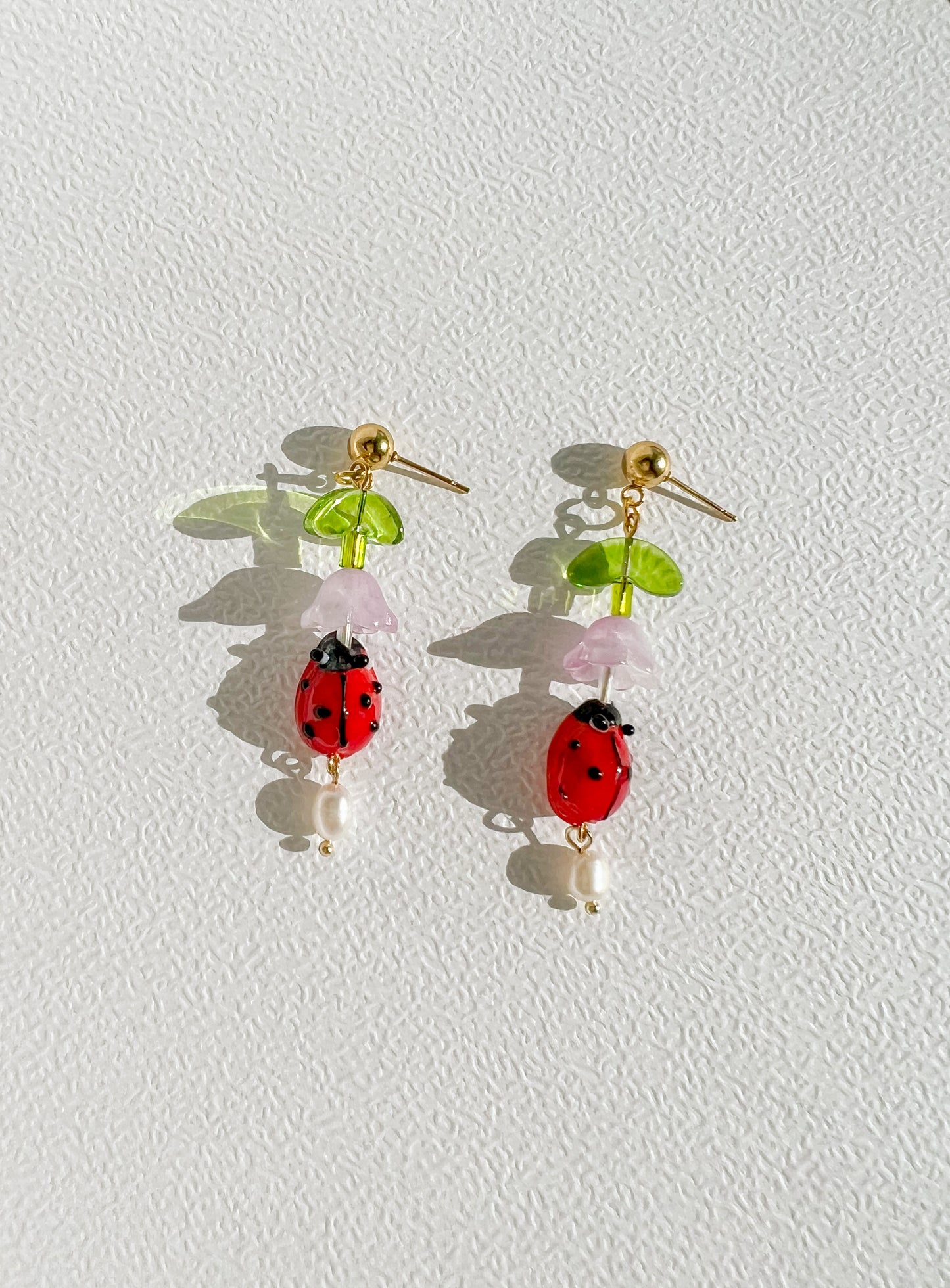 Ladybug and Freshwater Pearl Dangle Earrings | Beaded Earrings