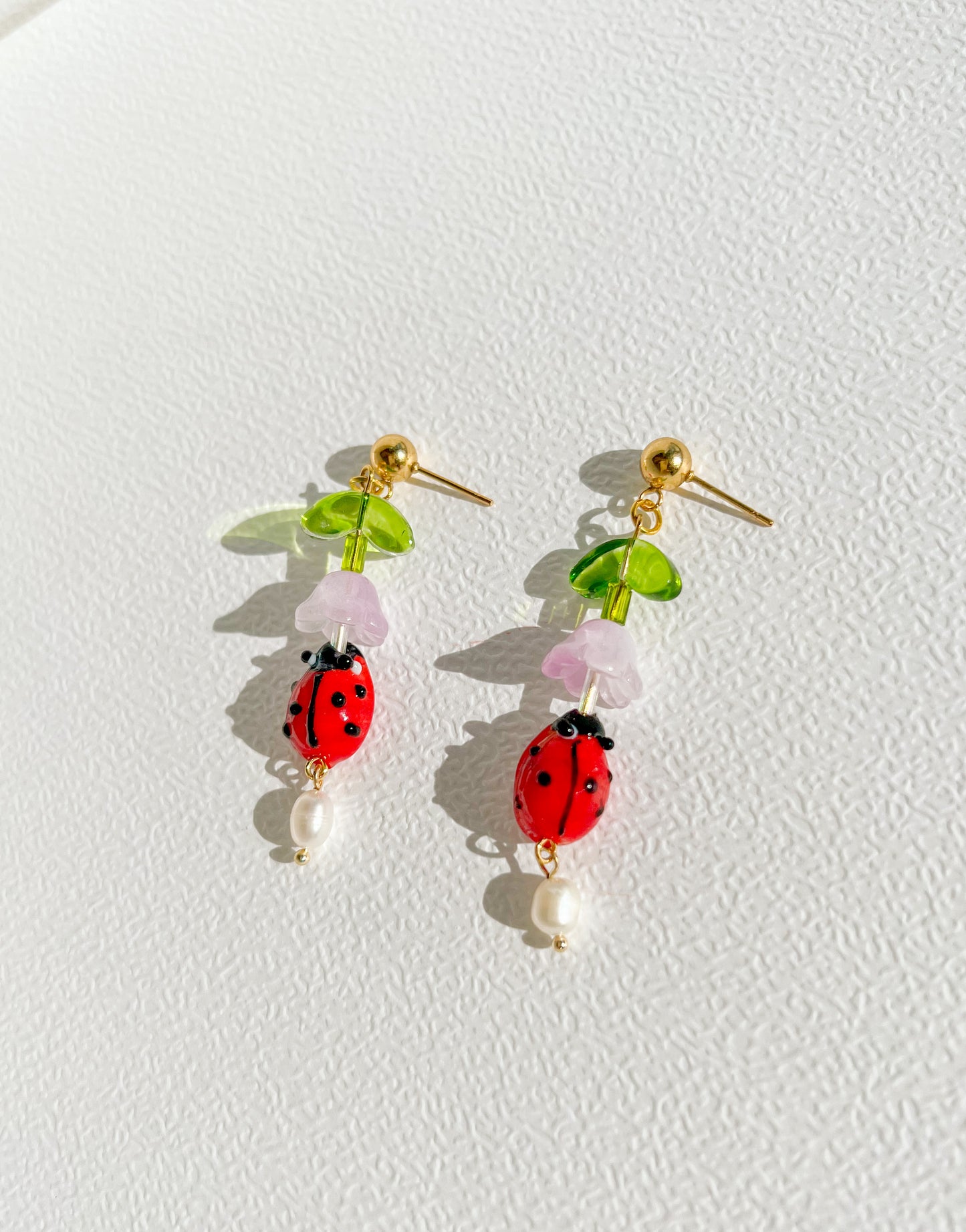 Ladybug and Freshwater Pearl Dangle Earrings | Beaded Earrings