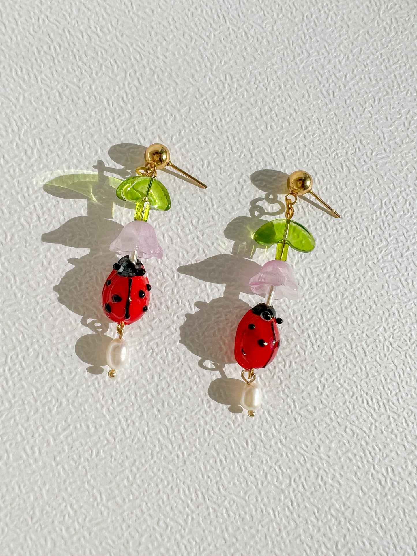 Ladybug and Freshwater Pearl Dangle Earrings | Beaded Earrings