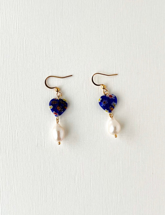 Blue Heart with Baroque Freshwater Pearl Earrings | Beaded Earrings