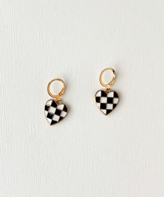 Checkered Heart Hoop Earrings | Enamel Earrings
