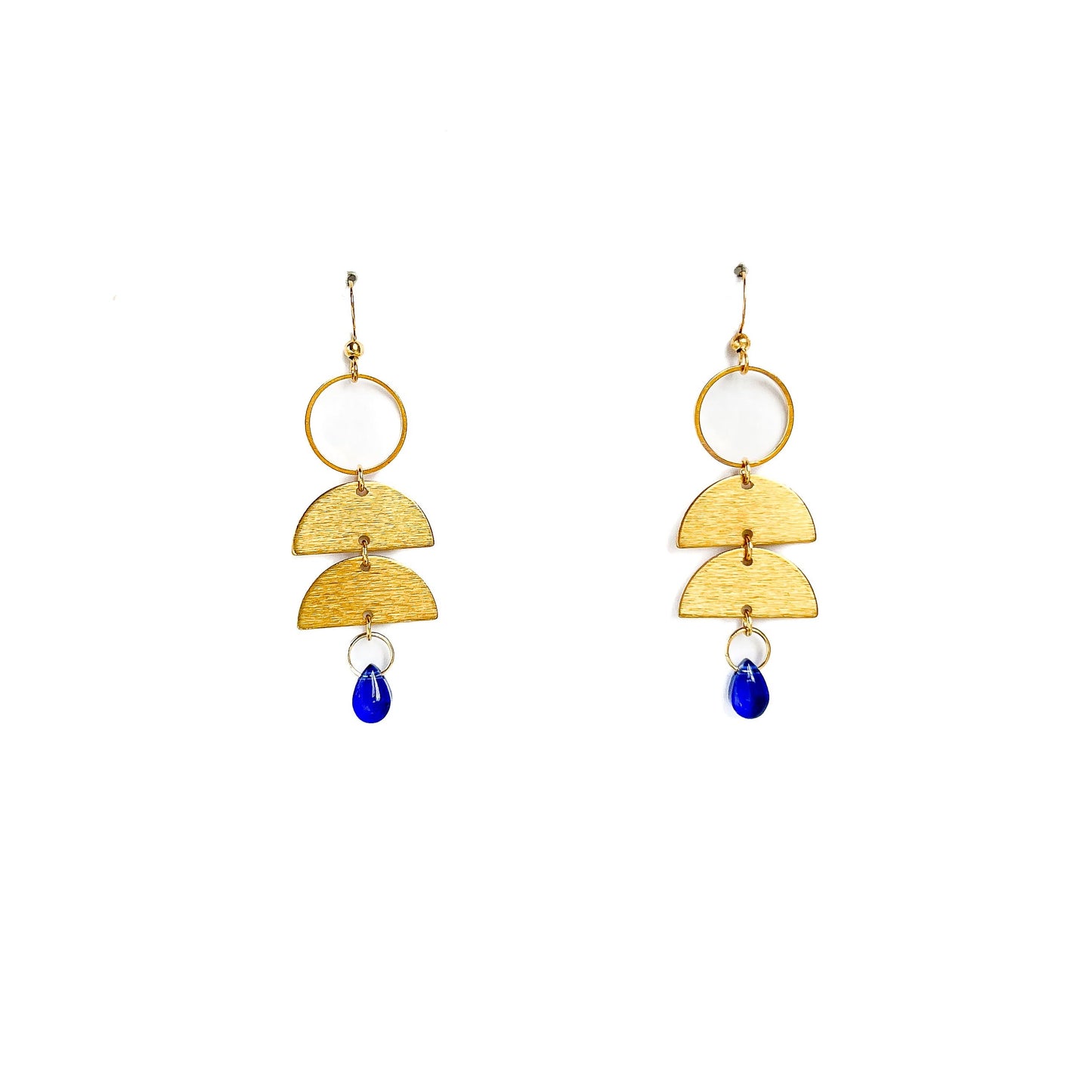 Geometric Brass Earrings with Blue Bead