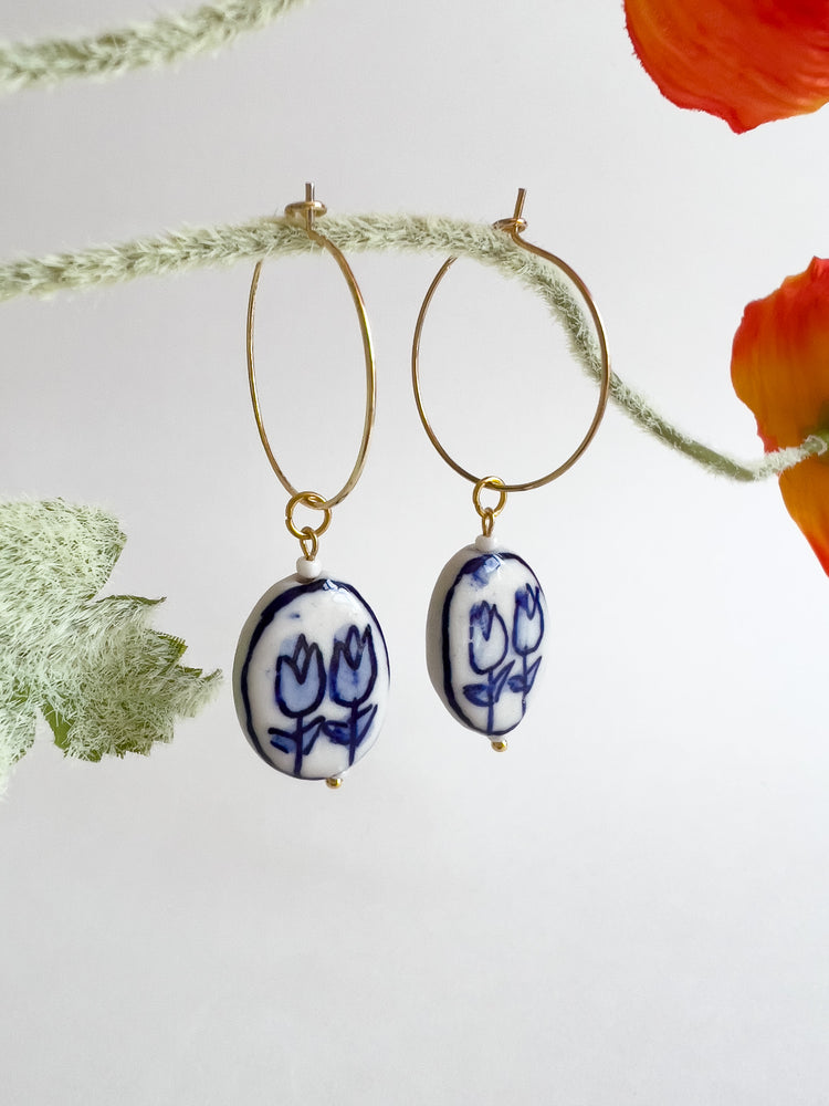 Blue Tulips Hoop Earrings | Ceramic Earrings