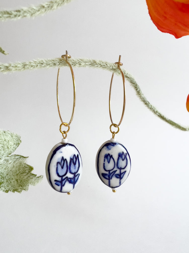 Blue Tulips Hoop Earrings | Ceramic Earrings