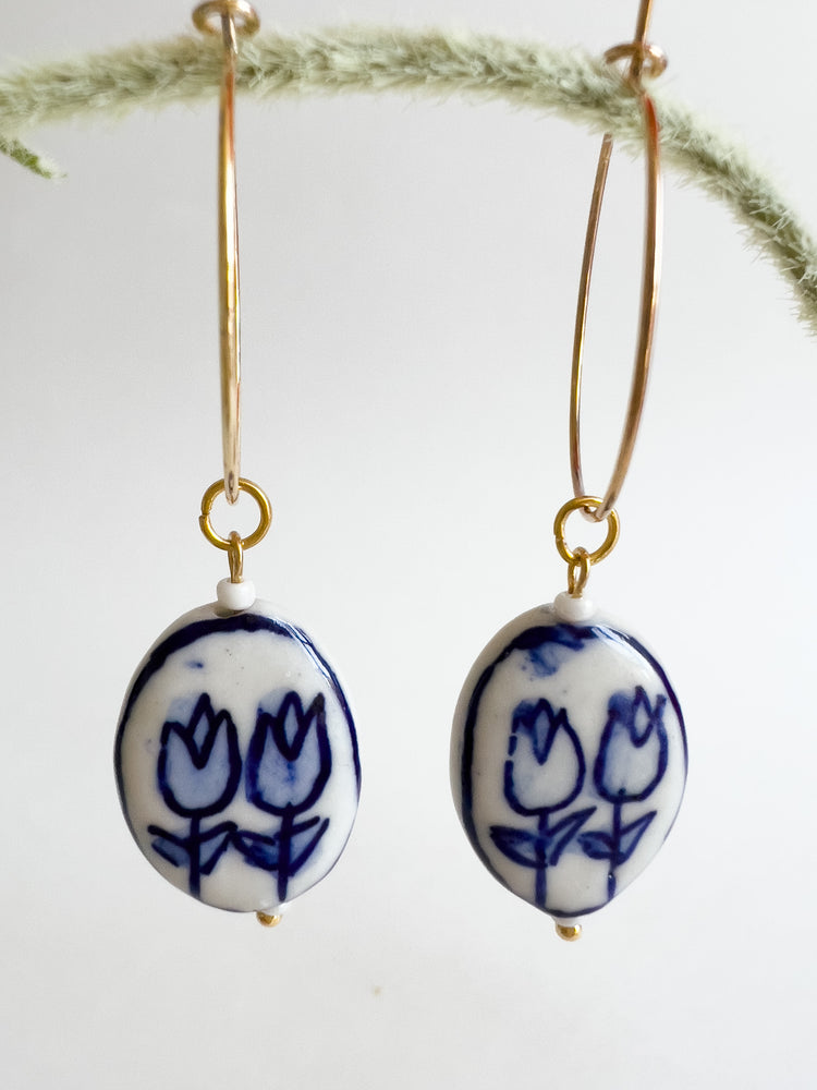 Blue Tulips Hoop Earrings | Ceramic Earrings