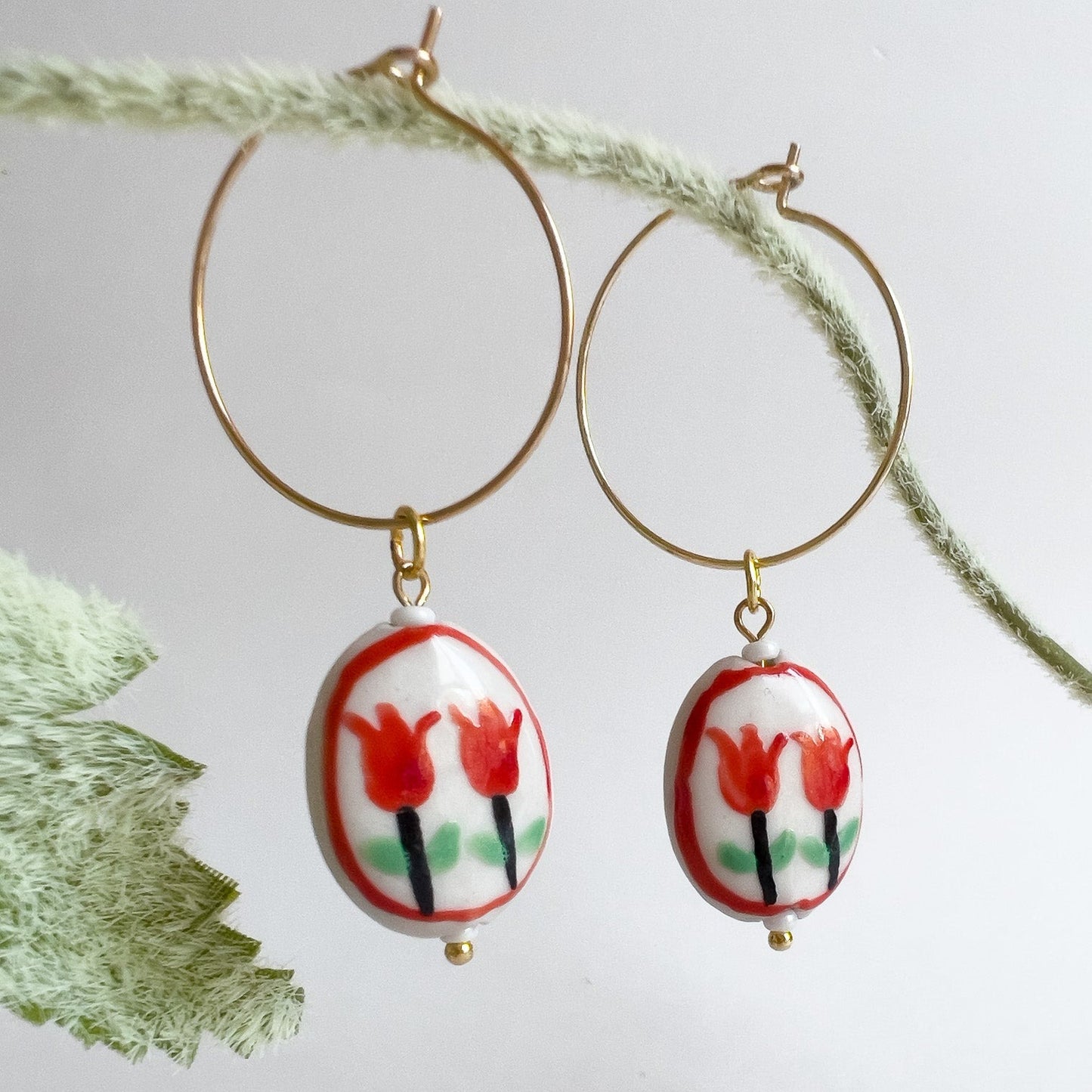 Red Tulips Hoop Earrings | Ceramic Earrings