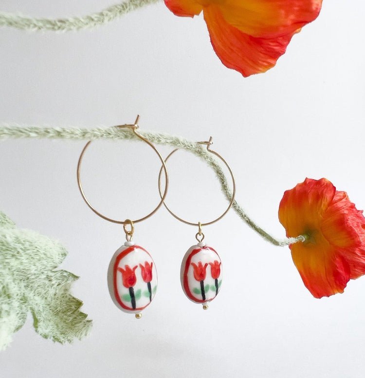Red Tulips Hoop Earrings | Ceramic Earrings