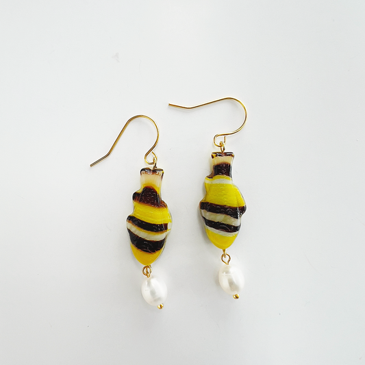 Black and Yellow Fish Earrings with Freshwater Pearl | Glass Bead Earrings