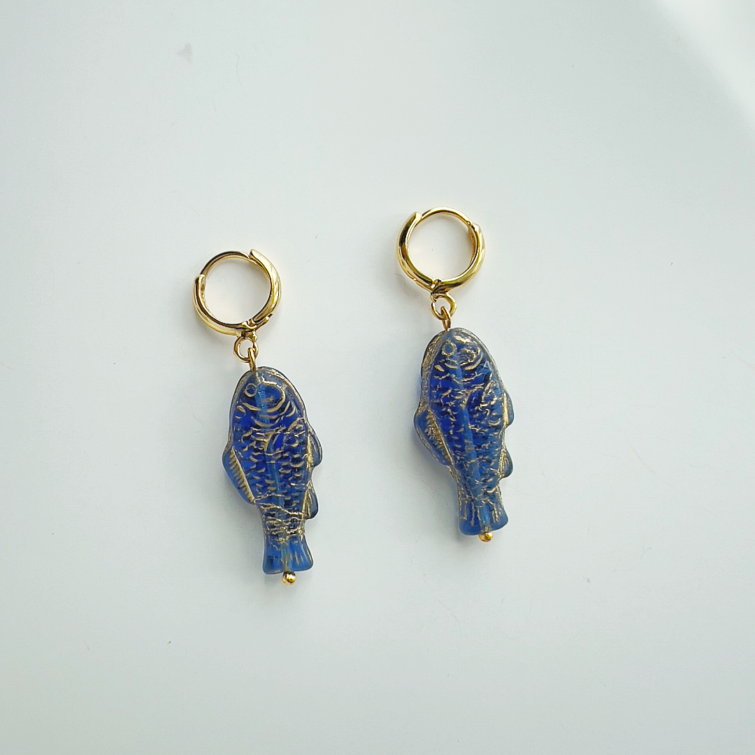 Blue and Gold Fish Sardine Earrings | Glass Bead Earrings