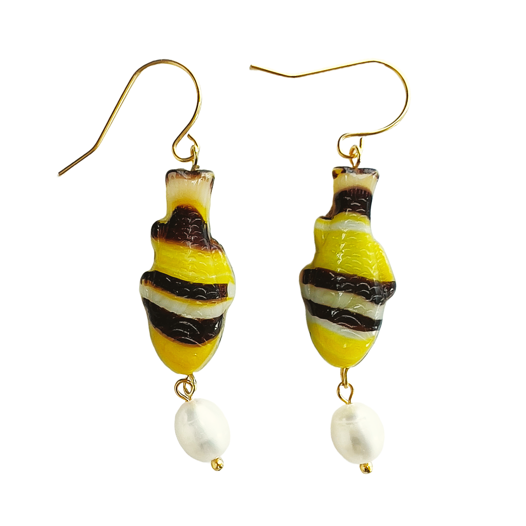 Black and Yellow Fish Earrings with Freshwater Pearl | Glass Bead Earrings