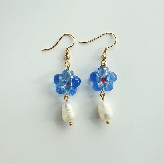 Light Blue Flower Earrings With Freshwater Pearl | Beaded Earrings