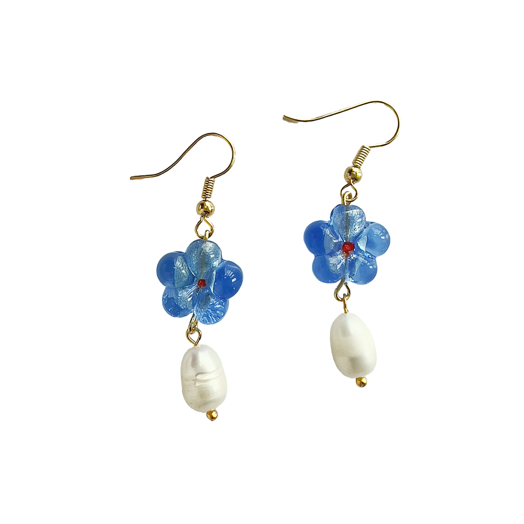 Light Blue Flower Earrings With Freshwater Pearl | Beaded Earrings