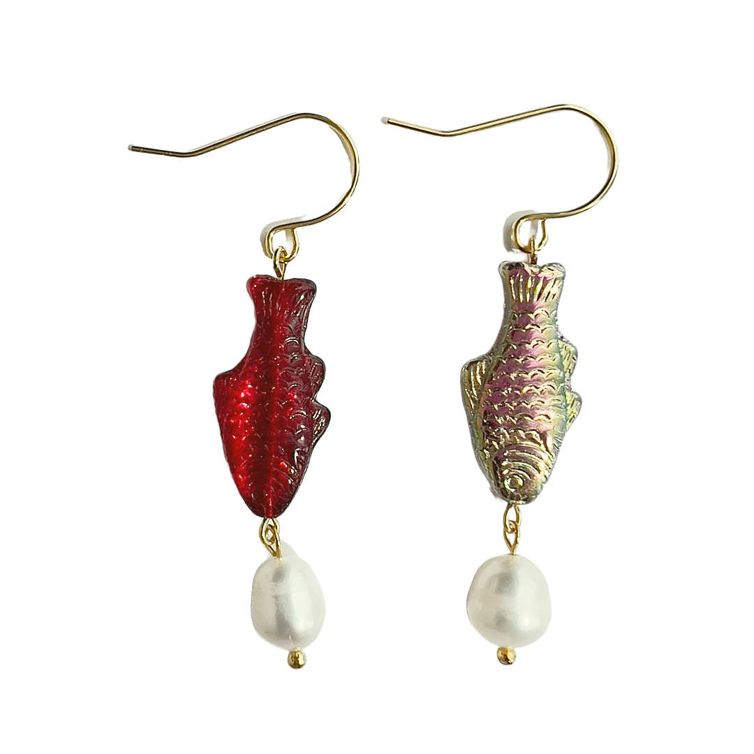 Red Vitrail Sardine Earrings with Freshwater Pearl | Glass Bead Earrings