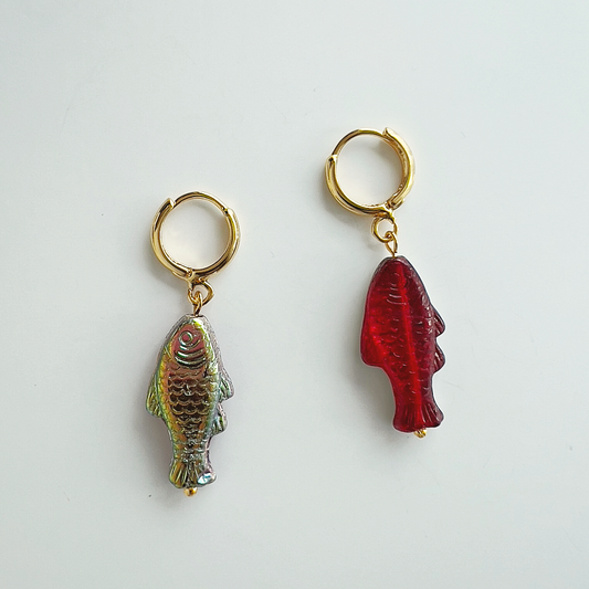 Red Vitrail Sardine Earrings | Glass Bead Earrings