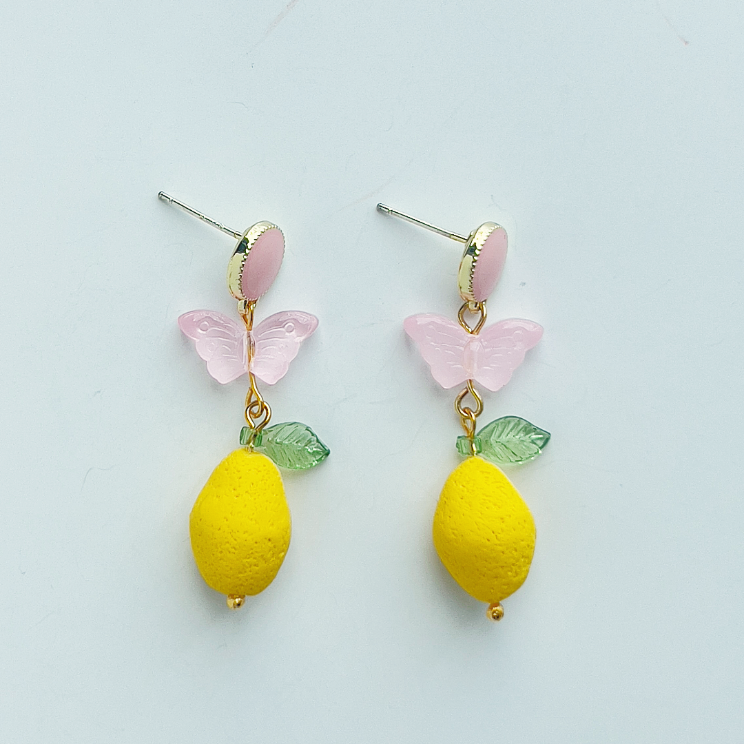 Pink Butterfly and Lemon Earrings | Polymer Clay Earrings