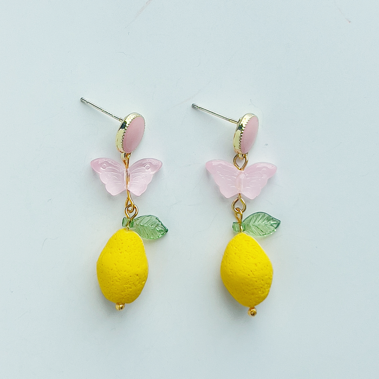 Pink Butterfly and Lemon Earrings | Polymer Clay Earrings