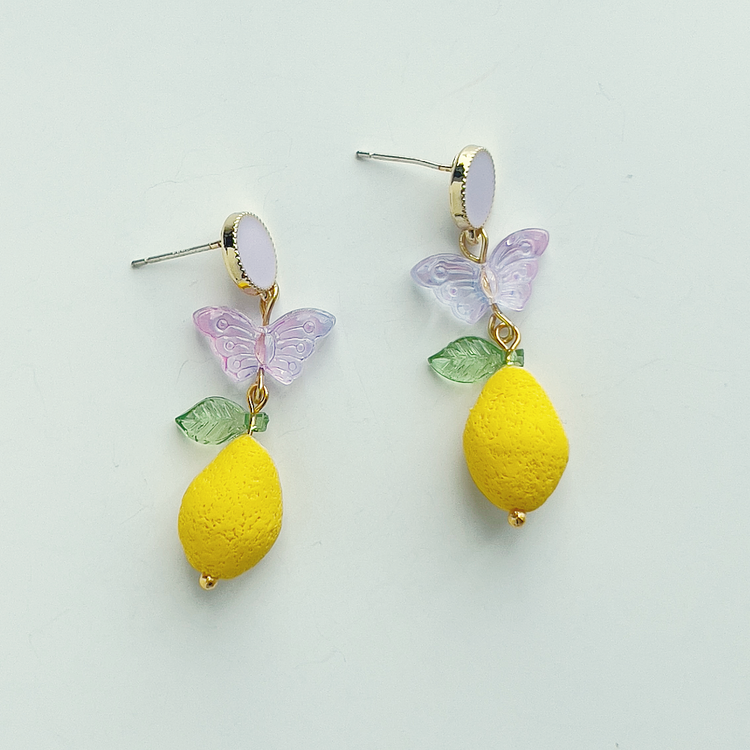 Purple Butterfly and Lemon Earrings | Polymer Clay Earrings