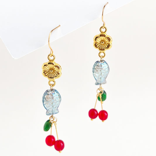 Cherry, Fish, and Flowers Earrings | Beaded Earrings