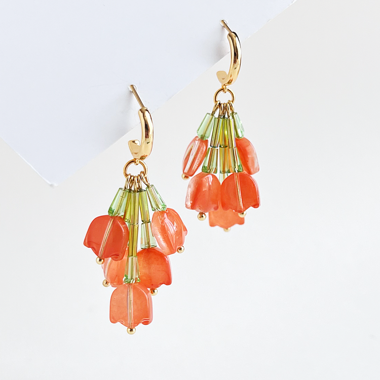 Upside Down Orange Tulip Bouquet Earrings | Beaded Earrings