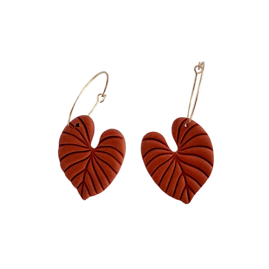 Red Anthurium Regale Leaf Hoop Earrings | Polymer Clay Earrings