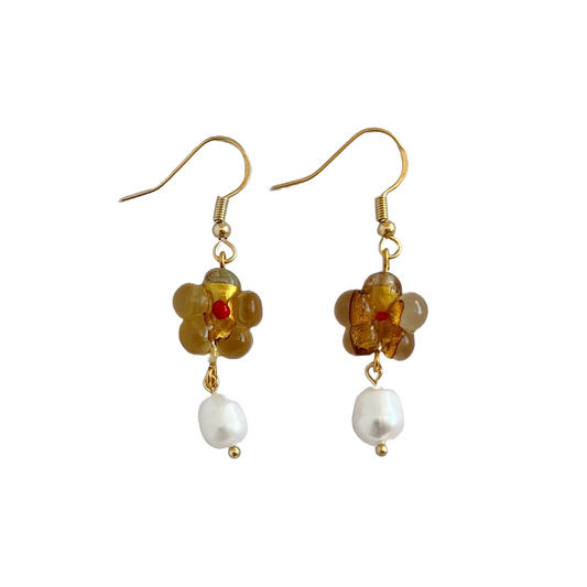 Amber Flower Earrings With Freshwater Pearl | Beaded Earrings