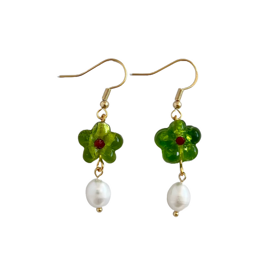 Green Flower Earrings With Freshwater Pearl | Beaded Earrings