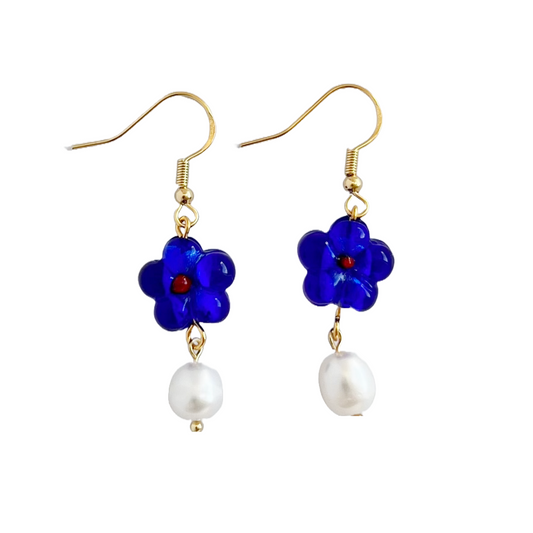 Blue Flower Earrings With Freshwater Pearl | Beaded Earrings
