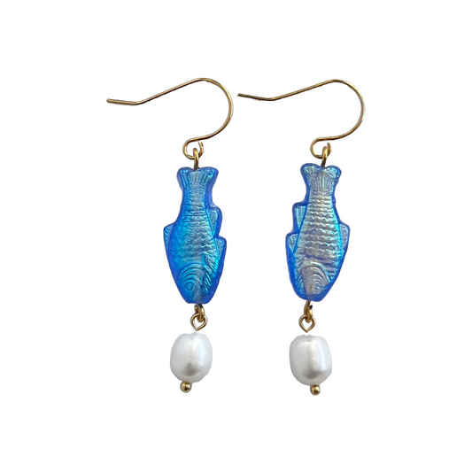 Blue Sardine Earrings with Freshwater Pearl | Beaded Earrings
