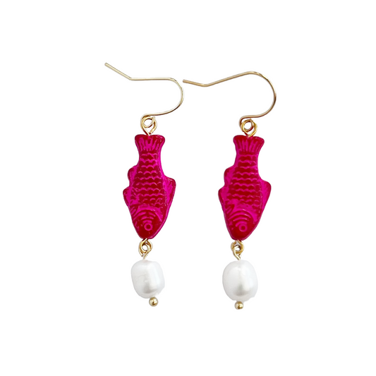 Pink Sardine Earrings with Freshwater Pearl | Beaded Earrings
