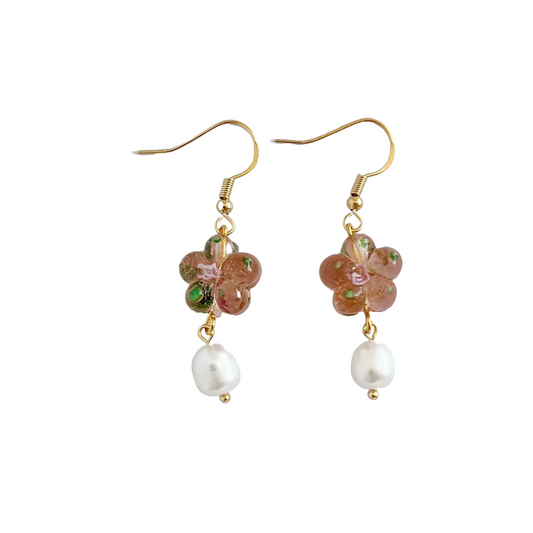 Pink Flower Earrings With Freshwater Pearl | Beaded Earrings