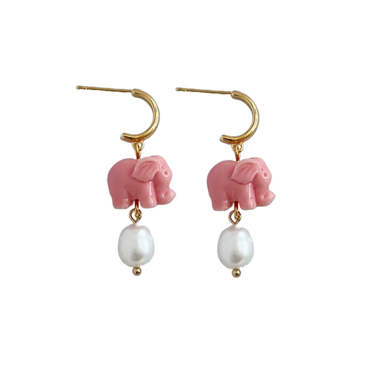Pink Elephant Earrings with Freshwater Pearl | Beaded Earrings