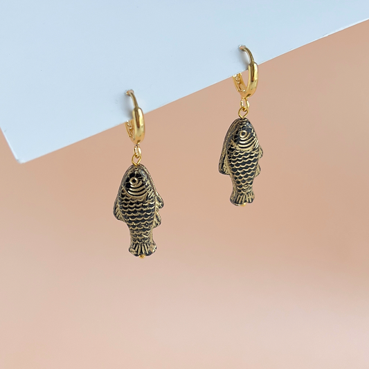 Black and Gold Sardine Earrings | Glass Bead Earrings