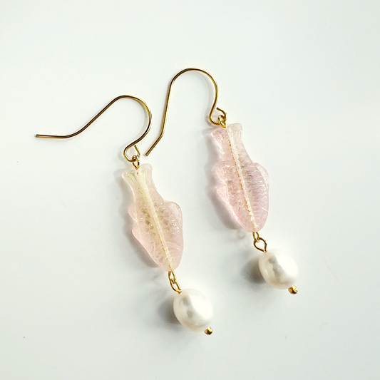 Rose Sardine Earrings with Freshwater Pearl | Glass Bead Earrings