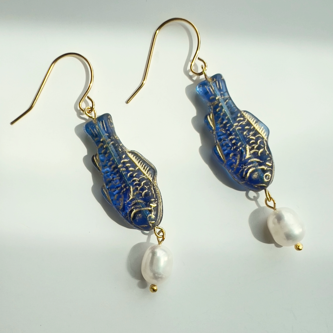 Blue and Gold Fish Earrings with Freshwater Pearl | Glass Bead Earrings