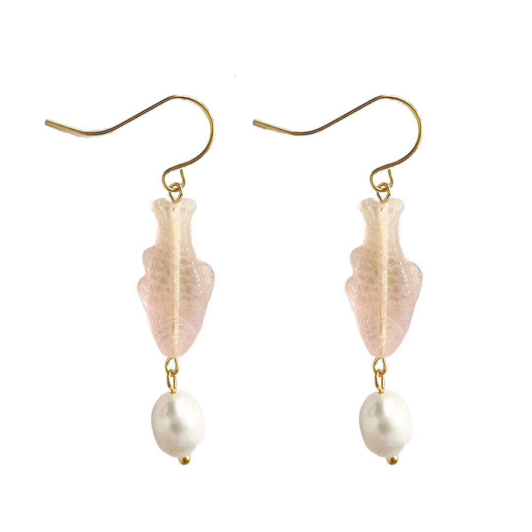 Rose Sardine Earrings with Freshwater Pearl | Glass Bead Earrings