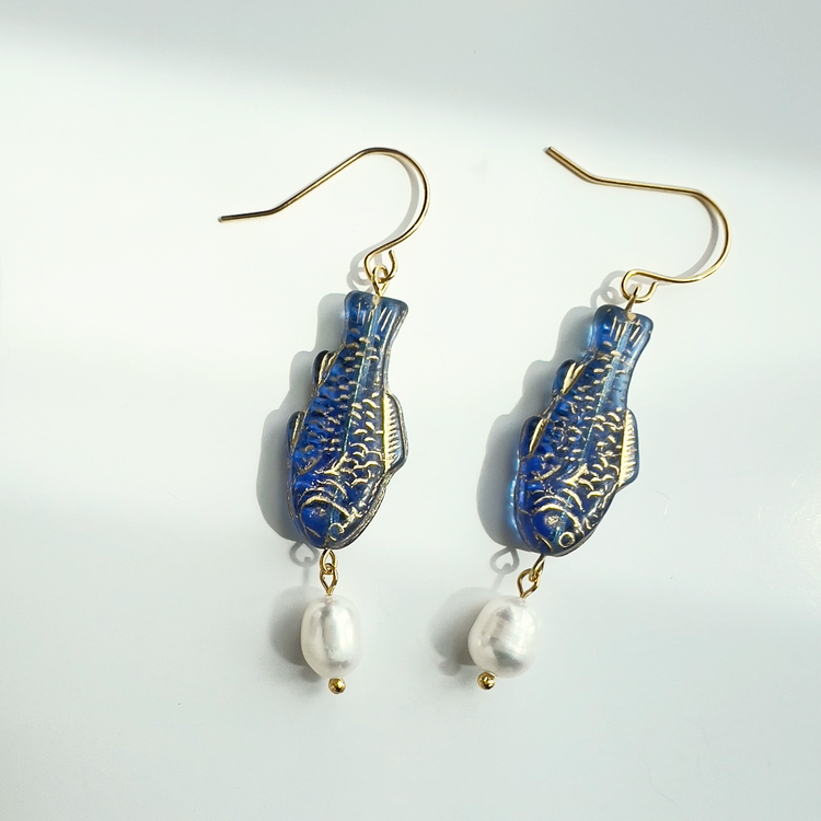 Blue and Gold Fish Earrings with Freshwater Pearl | Glass Bead Earrings