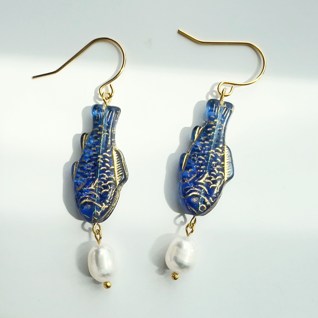 Blue and Gold Fish Earrings with Freshwater Pearl | Glass Bead Earrings