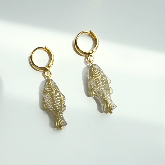 Transparent and Gold Sardine Earrings | Glass Bead Earrings