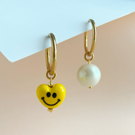 Mismatched Happy Yellow Heart and Pearl Earrings | Ceramic Earrings